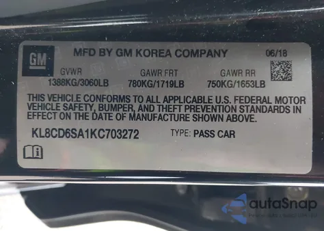 2019 Chevrolet Spark 1Lt Cvt z USA, uszkodzony, nr VIN KL8CD6SA1KC703272